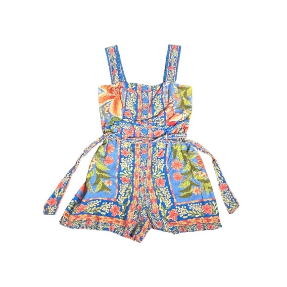 Farm Rio Stitched Garden Romper Floral Print Button Front Tie Waist Womens Small - Picture 4 of 13